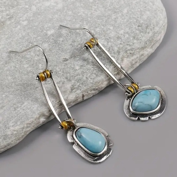 Two Tone Earrings With Turquoise Stones - Picture 1 of 5